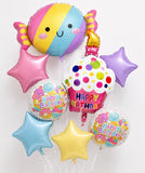 AMFIN (Pack of 8) Candy Theme Birthday Balloon Bouquet Pastel Pink Purple Yellow Multi Foil Girls Boys Decoration Item Kit Cup C