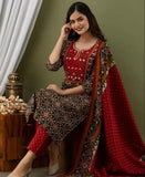 Gosriki Women'S Cotton Blend Printed Straight Kurta With Pant & Dupatta (Makshi Red_S-Gs_Red_Small),Red,,B0BDLXFD6Q