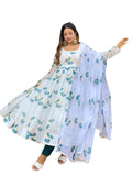 Women Floral Print Anarkali Kurta With Pant And Duptta (Large White),White,L