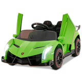 Costzon Ride on Car, Lamborghini Licensed 12V Battery Powered 4WD Sports Car with Remote Control, 3 Speeds, Hydraulic Doors, LED