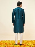 Manyavar Mens Blue Art Silk Self Design Kurta Pyjama Set Blue Xl