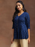 Libas Women'S Cotton Blend Woven Design A-Line Kurtis (29134_Blue Blue M