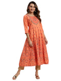 rangita Orange Cotton Calf Length Embroidered Flared Kurti for Women | Kurta for Women_L