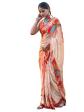 Satrani Women's Floral Printed Viscose Satin Saree with Unstitched Blouse Piece (3753S156N_Cream & Red3)