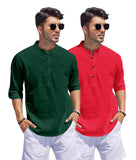 Bellstone Men'S Cotton Blend Solid Regular Fit Dress Shirt (Kurta1500_Combo_D Green & Red_Xl_Dark