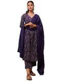 Anni Designer Women'S Cotton Blend Anarkali Printed Kurta With Pant & Dupatta (Dabu Violet_M_Violet_Medium),Violet,M