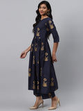 Gosriki Women'S Navy Blue & Golden Floral Printed Kurta With Palazzos,Blue,,B08QD37YYZ