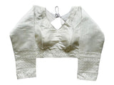 Pujia Mills Milan Silk Full Sleeve V Neck Multi Embroidery Trendy Saree Blouse(Rukmini White 42)