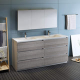 Fresca Lazzaro 72 Glossy Ash Gray Free Standing Double Sink Modern Bathroom Vanity W/Medicine Cabinet - Faucet Sold Separately