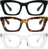 REAVEE 3 Pack Oprah Style Reading Glasses Blue Light Blocking Computer Square Readers for Women with Spring Hinge Anti Glare/Eye