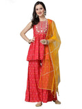 Stylum Women's Printed & Embroidered Rayon Kurta Sharara Dupatta Set (KSDCORALHEXA42_Coral, XL)