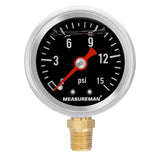 MEASUREMAN 1-1/2 Dial Size Black Dial, Glycerin Filled Fuel Pressure Gauge, 304 Stainless Steel case, 0-15Psi, -3-2-3%, 1/8 NPT