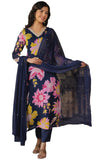 Gosriki Women'S Cotton Blend Straight Printed Kurta With Pant & Dupatta (Mahito Navy Blue-Gs_S_Blue_Small),Navy Blue,,B0CQPHN8WP