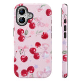 QLTYPRI Case for iPhone 16, Aesthetic Cute Pink Cherry Bow Phone Case for Girls Women, Protective Hybrid 2-Layer Hard Shell Sili