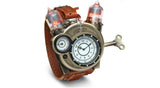 ThinkGeek SteampunkStyled Tesla Analog Watch WeatheredBrass Look on Metal Findings Plus Leather Strap