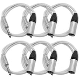 Seismic Audio - SATRXL-M3White-6Pack - 6 Pack of 3 Foot White XLR Male to 1/4 Inch TRS Patch Cables- 3' Professional Audio Balan