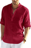Zartha Mens Casual Cotton Blend Long Sleeve Regular Fit Short Straight Casual Formal Wear Kurta Shirt, Burgundy, M