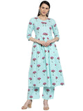 Gosriki Women'S Sea Green & Pink Printed Kurta With Palazzos,Blue,,B08QD7DWC8