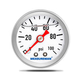 MEASUREMAN 1-1/2 Dial Size, 304 Stainless Steel case, Liquid Filled Fuel Pressure Gauge, 0-100Psi, 3-2-3%, 1/8 NPT Center Back M
