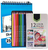 Corslet Oil Colour Pencils 12 Pencil Colours Round Color Pencil Set With Iron Box And A5 Sketch Book 25 Sheet 50 Pages