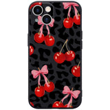 Wihytec Cherry & Leopard Black Phone Case Cover for iPhone 14 Black Leopard & Cherry Case Cover Liquid Silicone Soft Gel Rubber