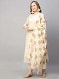 Anni Designer Women'S Cotton Blend Embroidered Straight Kurta With Pant & Dupatta (Mysuru-Cream_M_Cream_Medium),Cream,M,Cotton Blend,Regular,