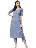 Gosriki Women'S Cotton Blend Printed Straight Kurta With Pant (Prnk-Blue-Gs_Xxl_Blue_Xx-Large),Blue,2,B0BR17KYNG