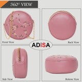 Adisa Women Girls Round Embroided Sling Bag (Sl5080) (D. Pink),D. Pink,,B0BPK2819T