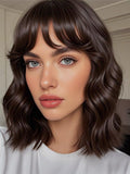 Brown Wig with Bangs Short Wavy Bob Wigs for Women 14 Inch Shoulder Length Natural Looking Synthetic Hair Replacement Wigs for C