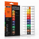 Maharaj Mall Lanpo Studio Acrylic Paint Set 12 Vibrant Opaque Colours 12Ml Tubes Rich Pigment Smooth Flow Fast Drying Easy Blend
