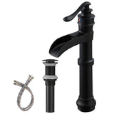 Matte Black Vessel Sink Faucet Waterfall with Pop Up Drain Assembly and Single-Handle Hole Supply Hose Vanity Lavatory Bathroom