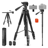 NEEWER Basic 74 Video Tripod Monopod, 3 Way Pan Tilt Head, Remote, Overhead Camera Mount, Horizontal Central Axis, Phone Holder