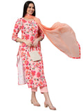 Anni Designer Women'S Cotton Blend Printed Straight Kurta With Pant & Dupatta (Water-Peach_S_Peach_Small),Peach,S