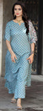 Anni Designer Women'S Cotton Straight Printed Kurta Palazzos And Dupatta (Blue L),Blue,L,Cotton Blend,Straight,Kurti, kurta, Dupatta