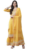 ishin Women's Cotton A-Line Embroidered Kurta suit set With Dupatta & Sharara Kpldsrd-19010_S_Mustard