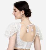 Pujia Mills Women'S Shipali Net Work Ruffle Sleeves Readymade Saree Blouse (Shipli Jhadu White_White_38 Size + Margin)