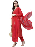 Gosriki Women'S Cotton Blend Printed Straight Kurta With Pant & Dupatta (Karwa Red_S-Gs_Red_Small),Red,,B0BF5H7RWM