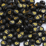 XIENBAOFU 100PCS Letter Beads 4X7mm Acrylic Alphabet Beads Gold Black Letter P Flat Round for Jewelry Making Bracelet Necklace K