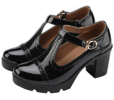 DADAWEN Women's Classic T-Strap Platform Mid-Heel Square Toe Oxfords Dress Shoes Black US Size 5