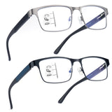 SKYOAK 2 Pack Refined Progressive Multifocus Reading Glasses Men Blue Light Blocking Readers Metal Frame Spring Hinge (Black+Gun