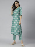 Anni Designer Women'S Cotton Blend Printed Straight Kurta With Pant (Jugnu Green_Xxl_Green_Xx-Large),Green,2XL,Cotton Blend,Regular,Pants