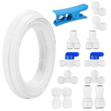 Quick Connect Fittings Set With 1/4 to 3/8 Tube OD Push Fit + Ball Valve + T/I/L/Y Fitting + 32.8 ft Tubing + Tube Cutter for RO