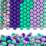 HHCFAST 150Pcs Mixed Color 15mm Silicone Beads for Keychain Making, Green Purple Flower Print Silicone Beads for Pens and Bracel