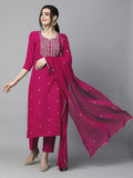 Anni Designer Women'S Cotton Blend Embroidered Straight Kurta With Pant & Dupatta (Kasturi Pink-Al_S_Pink_Small),Pink,S,,,