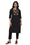 W for Woman Black Floral Print Cotton Straight Kurta_24FEW11270-222056_XL