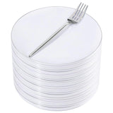 Rubtlamp 100Pcs Silver Plastic Dessert Plates 7.5inch,100Pcs Disposable Silver Forks,White Plastic Plates With Silver Rim, Small