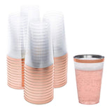 Prestee Rose Gold Rim Plastic Cups, 14 oz. 50 Pack, Hard Clear Cup, Disposable Party Cups, Fancy Wedding Tumblers, Elegant Decor