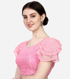 Pujia Mills Women'S Shipali Net Work Ruffle Sleeves Readymade Saree Blouse (Shipli Jhadu Pink_Pink_38 Size + Margin)