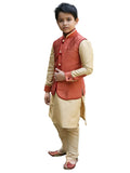 Manyavar Boys Kurta Jacket And Pajama Set, Mandarin Collar With Button Closure, Blended Silk Full Sleeve Kurta Jacket And Pajama