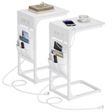 TUTOTAK C Shaped End Table with Charging Station, Side Table for Sofa, Couch Table with Storage Bag, Set of 2, TV Tray Table wit